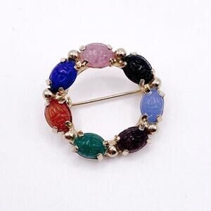 Vintage Egyptian Revival Scarab Gemstones Brooch 1” Long